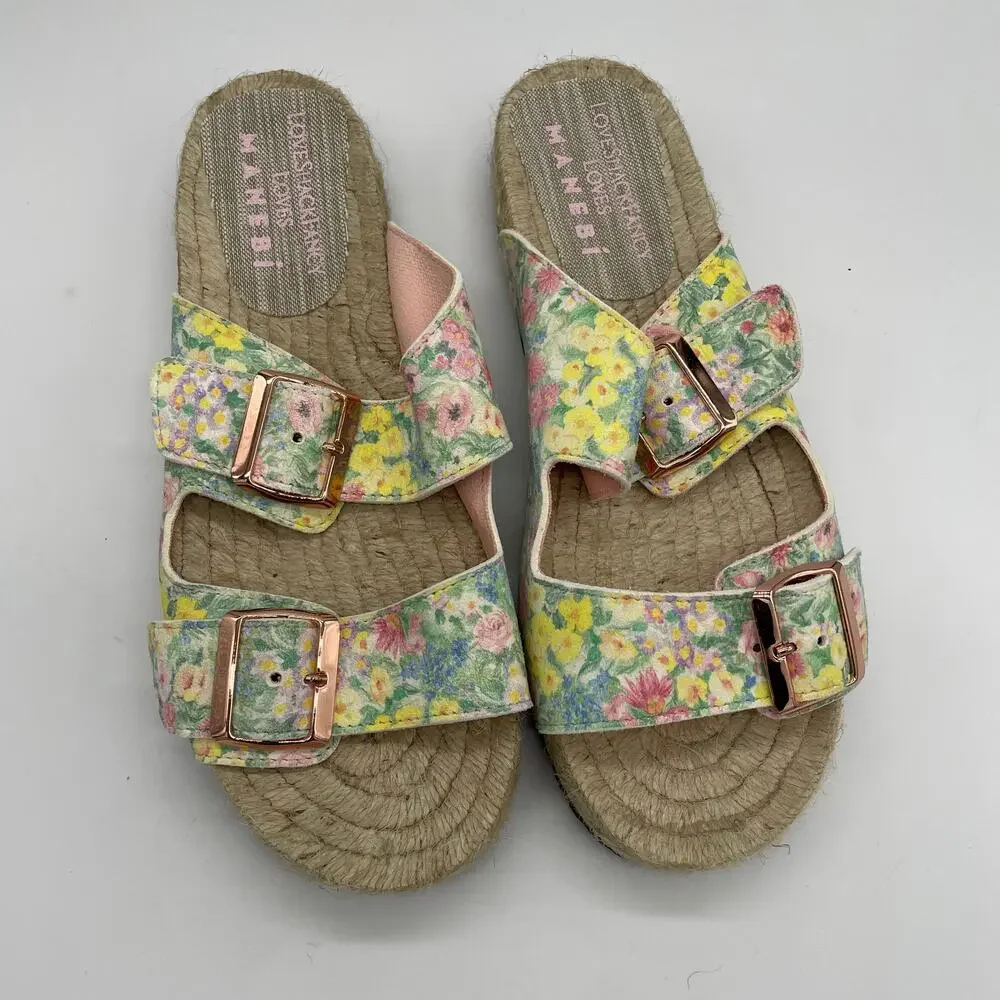 LoveShackFancy x Manebí Nordic Floral Leather Espadrille Slides - Rainbow Skies